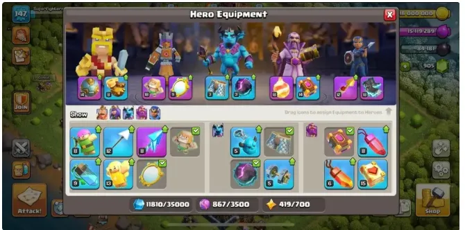 COC271 TH13 Semi Max EXP 147 Heroes 61 75 36 48 25 Gems 905 CN 1000 Builders 6 BH9 SuperFighterr Hero Equip Giant Arrow Life Gem Rage Jump Bat Spells Pets